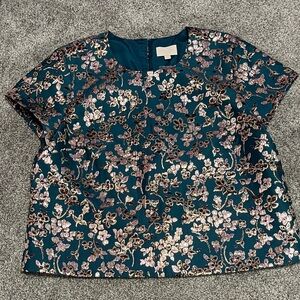J. Crew Teal Floral Metallic Brocade Short Sleeve Top